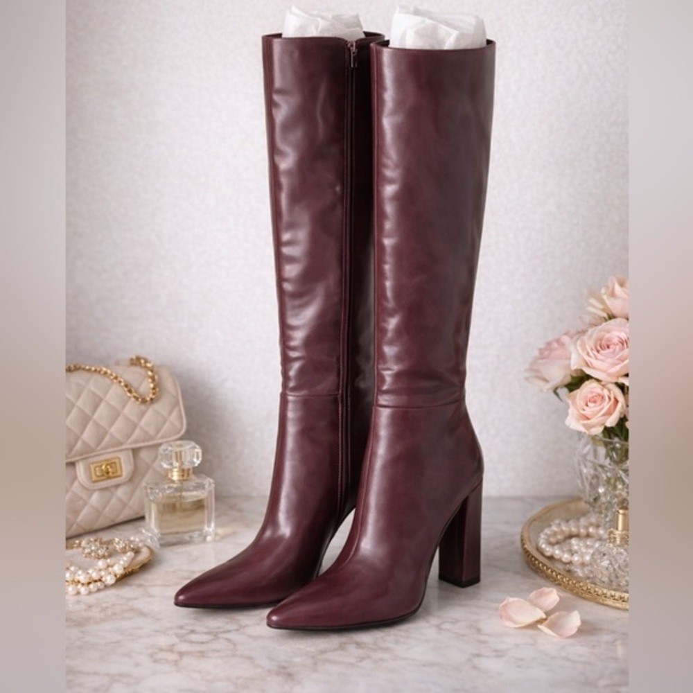 H&M Burgundy Knee High Heeled Boots | Pointed Toe | Size 40